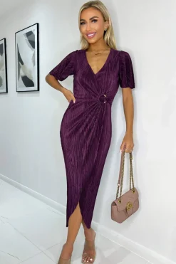 Plum Short Sleeve Plisse Wrap Midi Dress