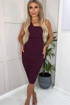 Plum Shoulder Ruched Bodycon Midi Dress