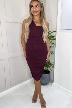 Plum Shoulder Ruched Bodycon Midi Dress