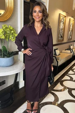 Plum Side Tie Waist Wrap Midi Dress