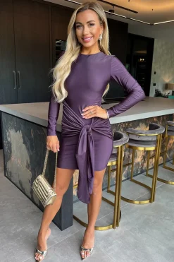Plum Slinky Long Sleeve Sash Bodycon Mini Dress