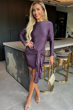 Plum Slinky Long Sleeve Sash Bodycon Mini Dress