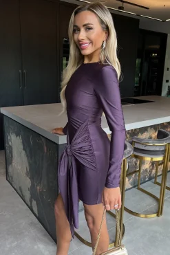 Plum Slinky Long Sleeve Sash Bodycon Mini Dress