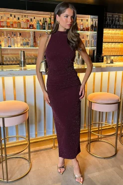 Plum Sparkle Halter Neck Ruched Bodycon Midi Dress