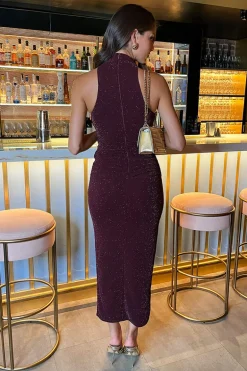 Plum Sparkle Halter Neck Ruched Bodycon Midi Dress