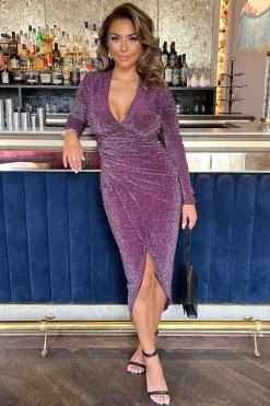 Plum Sparkle Long Sleeve Draped Waist Wrap Midi Dress