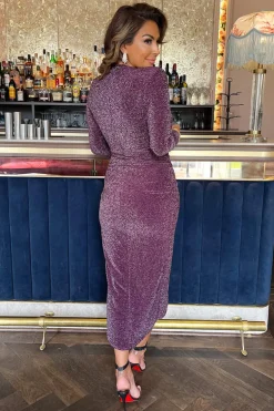 Plum Sparkle Long Sleeve Draped Waist Wrap Midi Dress
