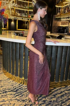 Plum Sparkle One Shoulder Gathered Midi Dress