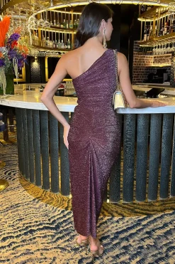 Plum Sparkle One Shoulder Gathered Midi Dress