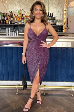 Plum Sparkle Strappy Wrap Top Gathered Skirt Midi Dress