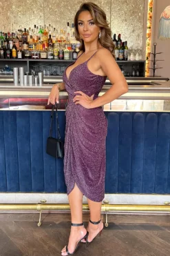Plum Sparkle Strappy Wrap Top Gathered Skirt Midi Dress