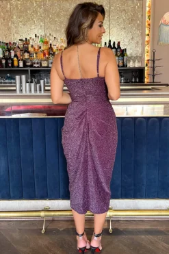 Plum Sparkle Strappy Wrap Top Gathered Skirt Midi Dress