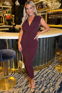 Plum Sparkle Wrap Top Ruched Skirt Midi Dress