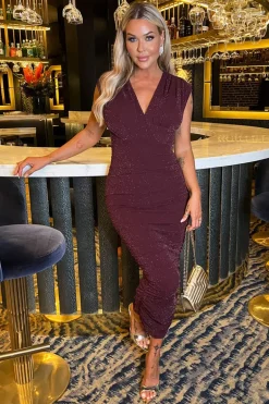 Plum Sparkle Wrap Top Ruched Skirt Midi Dress