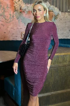 Plum Sparkly Long Sleeve Ruched Midi Bodycon Dress