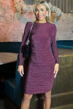 Plum Sparkly Long Sleeve Ruched Midi Bodycon Dress