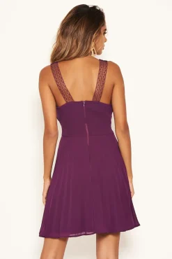 Plum V Neck Pleated Mini Dress