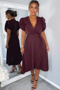 Plum Wrap Over Tie Midi Dress