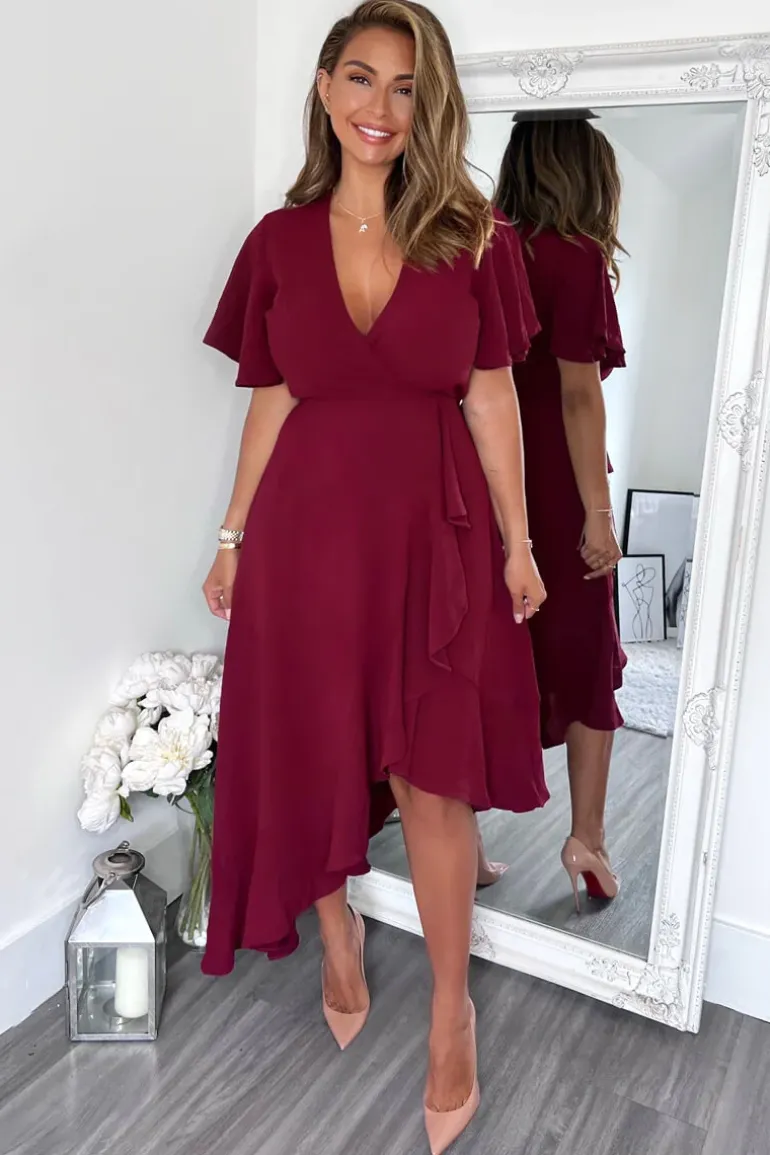 Plum Wrap Over Top Frill Hem Midi Dress