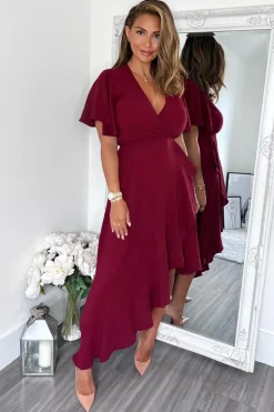 Plum Wrap Over Top Frill Hem Midi Dress