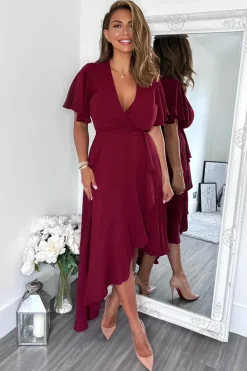 Plum Wrap Over Top Frill Hem Midi Dress