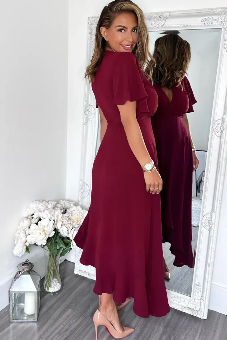Plum Wrap Over Top Frill Hem Midi Dress