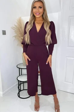 Plum Wrap Top Long Sleeve Culotte Jumpsuit