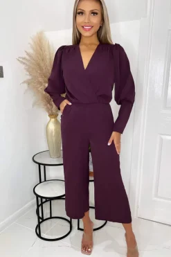 Plum Wrap Top Long Sleeve Culotte Jumpsuit