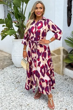 Purple And Cream Animal Print 3/4 Sleeve Shirt Midi Dress