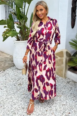 Purple And Cream Animal Print 3/4 Sleeve Shirt Midi Dress