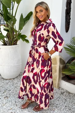 Purple And Cream Animal Print 3/4 Sleeve Shirt Midi Dress