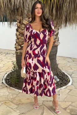Purple And Cream Animal Print Puff Sleeve Smock Midi Dress
