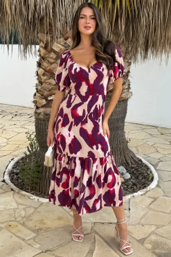 Purple And Cream Animal Print Puff Sleeve Smock Midi Dress
