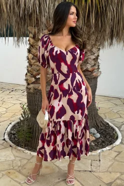 Purple And Cream Animal Print Puff Sleeve Smock Midi Dress