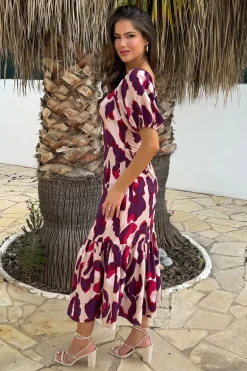 Purple And Cream Animal Print Puff Sleeve Smock Midi Dress