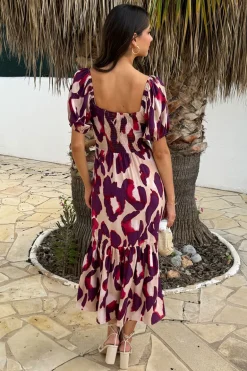 Purple And Cream Animal Print Puff Sleeve Smock Midi Dress