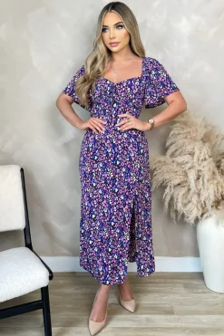 Purple Animal Print Short Sleeve Tie Front Midi Dress