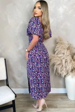 Purple Animal Print Short Sleeve Tie Front Midi Dress