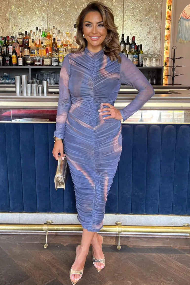 Purple Tie Dye Print High Neck Long Sleeve Ruched Midi Dress