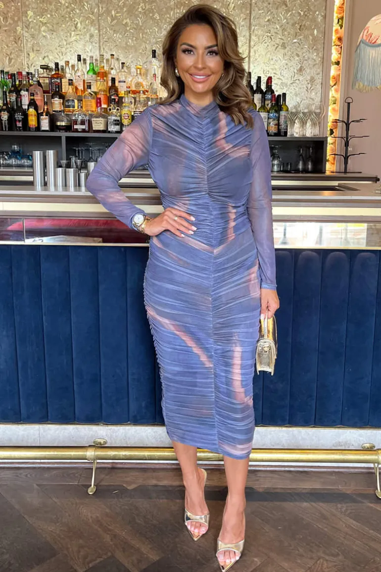 Purple Tie Dye Print High Neck Long Sleeve Ruched Midi Dress