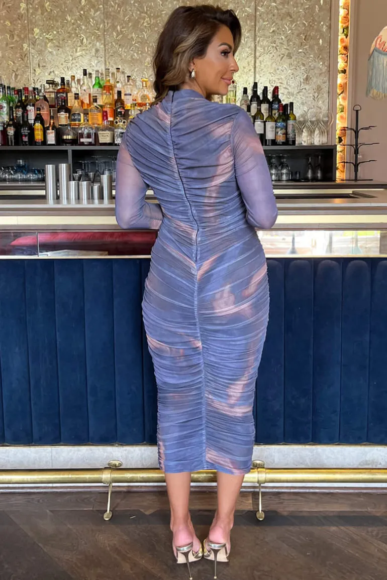 Purple Tie Dye Print High Neck Long Sleeve Ruched Midi Dress