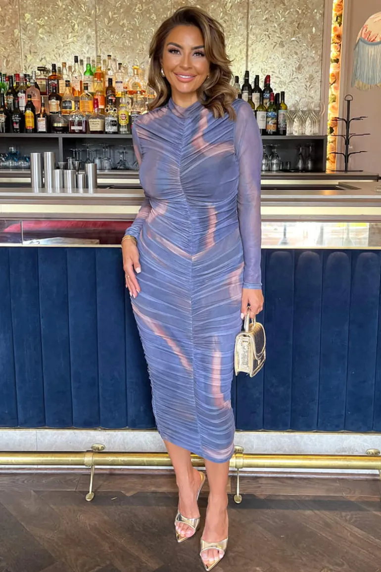 Purple Tie Dye Print High Neck Long Sleeve Ruched Midi Dress