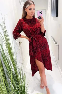 Red and Black Animal Print Tie Front Midi Dress