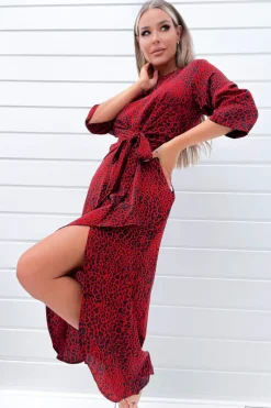 Red and Black Animal Print Tie Front Midi Dress