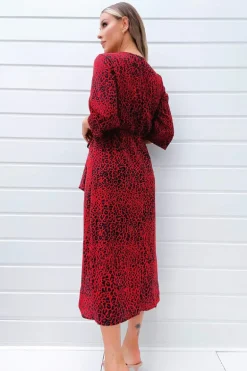 Red and Black Animal Print Tie Front Midi Dress