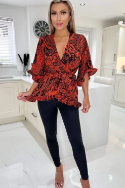 Red And Black Printed Frill Hem Wrap Top