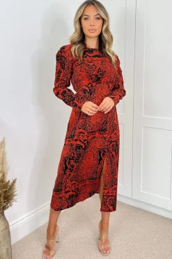 Red And Black Printed Long Sleeve Midi Dress