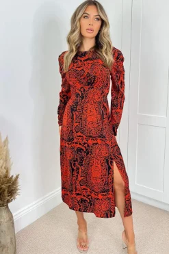 Red And Black Printed Long Sleeve Midi Dress