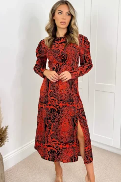 Red And Black Printed Long Sleeve Midi Dress