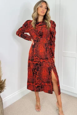 Red And Black Printed Long Sleeve Midi Dress